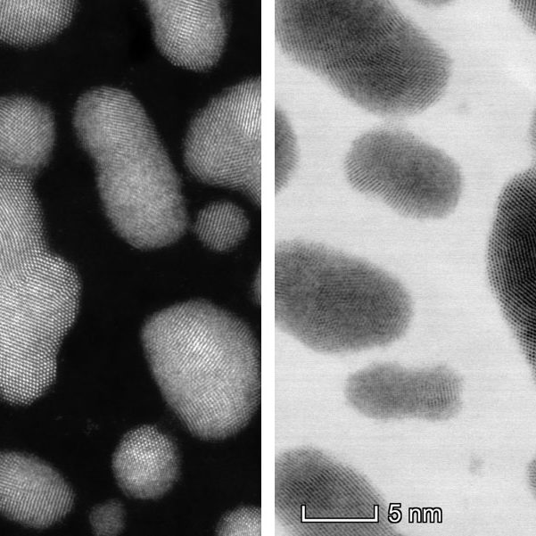 Imagens de nanopartículas de Ouro-Paládio por HAADF-HRSTEM (à direita) e BF-HRSTEM (à esquerda).